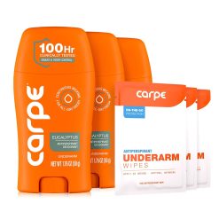 Carpe Antiperspirant Deodorant. Eucalyptus - 3 Pack + 3 Bonus Wipes | 100-Hour Sweat & Odor Control.