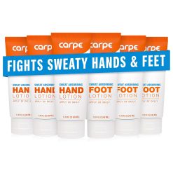 Carpe Sweat Absorbing Hannd and Foot Lotion Bundle. Eucalyptus - 6 Pack | Dermatologist-Recommended Hand & Foot Antiperspirant Lotion. 3 Hand + 3 Foot Tubes. Eucalyptus. 6 Pack